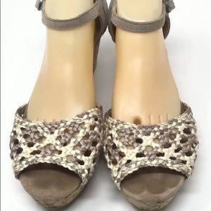 Womens TOMS  Stucco Beige Satin Woven Cork Wedge Platforms